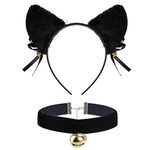 FLOFIA Cosplay Cat Ears Headband with Choker Necklace Collar Necklace with Bell, Cat Ear Headband for Women Girls Cat Cosplay Fancy Dress Halloween Party Decoration, 2 Sets