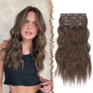 FESHFEN Extensiones de Clip de Pelo, 4 PCS Largo Cabello Extensiones con Clips Extensiones de Cabello Postizo Marrón Moss Sintético Ondulado Rizado Extensión de Cabello para Mujer 40 cm