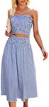 Angashion Women's Floral Crop Top Maxi Skirts Set 2 Piece Outfit Dress 2133 Navy Blue Striped L