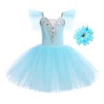 IWEMEK Kids Girls Ruffle Sleeve Lace Flower Tutu Ballet Dress + Hair Clip Gymnastics Leotard Dance Ballerina Costume Fairy Swan Skating Children Dancewear Ballroom Dancer Costume Blue 7-8 Years