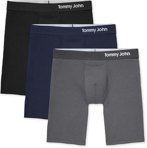Tommy John Men’s Underwear, Supima Cool Cotton Boxer Briefs with Contour Pouch and Longer 8" Inseam, Comfortable, Breathable Fabric Underwear for Men, Quick Dry, 3 Pack, Black/Iron Grey/Navy, Medium
