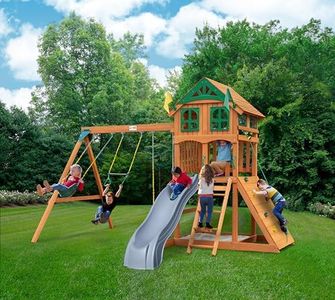 Gorilla Playsets 01-1063-GREY Outing Wood Swing Set with Wood Roof, Climbing Wall, Swings, and Grey Slide, Amber