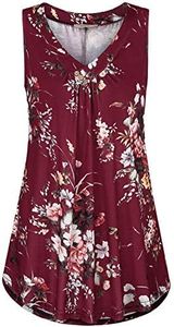 Cestyle Summer Tank Tops, Sleeveless Tunics for Women to Wear with Leggings Casual Flowy V Neck Curved Hem Elegant Shirts for Work Office Red Flower Large