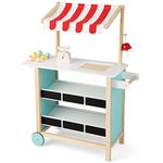 GYMAX Wooden Ice Cream Cart, Kids Pretend Play Grocery Store with 2 Wheels, Display Shelves, Scale, Bell & 6 Simulated Ice Creams, Dessert Toy Shop for 3 Year Old + Girls Boys (Red Striped Canopy)