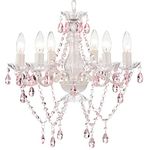 Hikyskin White Chandeliers Pink Crystal Chandelier Lighting Fixture 6-Light Candle Chandelier for Girls Bedroom