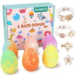 Panspace Bath Bombs for Kids, 6 Pack Dino Egg Kids Bath Bombs with Surprise Inside, Bath Bomb Gift Set with 2 Silicone Bracelets and 6 DIY Jewels Shoe Charms for Birthday Christmas Boys Girls Gifts (Jewels)