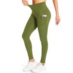 GymCope Leggings for Women with Tummy Control, 2 Pockets Yoga Pants, Non-See-Through Fabric for Yoga, Running, Gym, Moss Green, Large