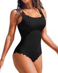 Charmo Womens Scalloped Ribbed One Piece Swimsuits Retro Square Neck Modest Bathing Suits, Black, Medium