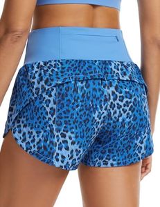 THE GYM PEOPLE Womens High Waisted Running Shorts Quick Dry Athletic Workout Shorts with Mesh Liner Zipper Pockets Blue Leopard