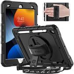 Timecity Case for iPad 9th/8th/7th Generation 10.2 '', Shockproof Rugged case with Screen Protector & 360° Rotating Stand Pen Holder Hand/Shoulder Strap for iPad 10.2 inch Case 2021/2020/2019 -Black