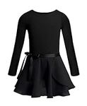 JanJean Girls Kids Long Sleeve Ballet Dance Dress Gymnastic Leotard with Chiffon Wrap Skirt Dancewear Outfit Costumes Black 10-12 Years