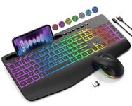 Wireless Keyboard and Mouse Combo, 9 Backlit Effects, Wrist Rest, Phone Holder, 2.4G Lag-Free Ergonomic Keyboards, Rechargeable Silent Cordless Set for Computer, Laptop, PC, Mac, Windows -SABLUTE