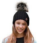 4sold Ribbed Striped Thermal Insulating Bobble Funny Beanie Baby Kids Girls Boys Hat Wool Knitted with Pom Pom Winter Warm SKI Snowboard Hats - Black