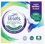 Lil-Lets Organic Cotton Night Pads, 9 Count, Ultra Thin, with Wings, for Medium to Heavy Flow, GOTS Certified, Plastic Free, Biodegradable, 100% Organic Cotton Top Cover and Absorbent Core