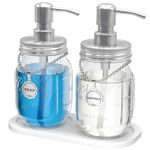 HvOvMvE Mason Jar Soap and Lotion Dispenser Set (2 Pack) with 2 in 1 Non-Slip Coaster, Rustproof Stainless Steel Lids and Pumps , Soap Labels, Farmhouse Decor for Bathroom or Kitchen (Silver)