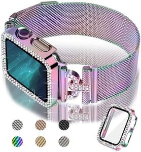 JOYOZY Magnetic Band Compatible with Apple Watch Band 38mm 40mm 41mm 42mm 44mm 45mm Milanese Strap with Bling Case and Screen Protector, Dressy Stainless Steel iWatch Loop for Women (Rainbow 42mm)