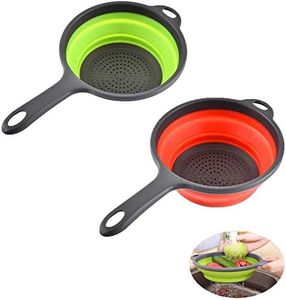 2 Pack Kitchen Foldable Silicone Strainer Colanders, Collapsible Colanders with Handles, Space-Saver Folding Strainer Colander for Draining Pasta, Vegetable (Green and Red)