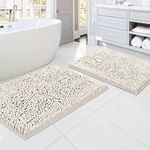 PrinceDeco Bath Mats for Bathroom Non Slip Luxury Chenille Bathroom Rug and Absorbent Shaggy Rugs Washable Dry Fast Area Carpet Mats for Bath Room- (2 Piece - 50cm x 81cm / 43cm x 61cm), Ivory