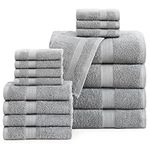 16PC Bath Towels Bathroom Set - Grey Towels for Bathroom, 100% Cotton Towel Set, Luxury Bath Towels, Quick Dry, Highly Absorbent Shower Towels, 4 Bathroom Towels, 4 Hand Towels, and 8 Wash Cloths