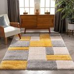 Kashish Rugs Carpets for Living Room 6x8 feet Anti Skid Carpet Shaggy Rug Handmade Microfiber Super Soft Plush Fluffy Carpet for Bedroom Grey Yellow