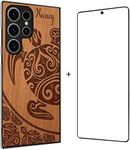 Personalized Wood Phone Case for Samsung Series + FREE Tempered Glass, Engraved, and UV Printed Case for Samsung 23/22/21 series Phone Case with Free Screen Protector (Hawaiian Turtle 4)