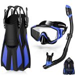 Odoland 4 in 1 Snorkel Set, Snorkeling Packages with Dry Top Diving Mask, Adjustable Swim Fins, Mesh Bag, Anti-Fog Anti-Leak Snorkeling Gear for Men Women,Blue,S/M