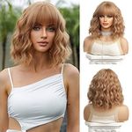 Esmee Short Wave Strawberry Blonde Bob Wigs With Bangs Shoulder Length Wig Curly Wavy Synthetic Cosplay Wigs for Women-14 Inches