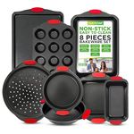 Nutrichef 8-Piece Carbon Steel Nonstick Bakeware Baking Tray Set w/Heat Red Silicone Handles, Oven Safe Up to 450°F, Black (NCSBS8S)