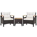 COSTWAY 3/5-Piece Rattan Bistro Set, Patio Sofa Set Garden Table and Chairs with Cushions, Outdoor Furniture Acacia Wood Wicker Conservatory Set for Balcony Backyard Poolside (3PCS-without 2 Ottomans)