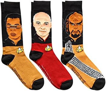 Star Trek Next Generation Picard Worf Geordi Men's Crew Socks 3 Pair Pack, Multi, 6-12