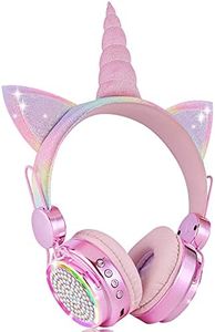 KORABA Kids Headphones Bluetooth Wireless, Unicorn LED Lights up Girls Headsets with Microphone, 10 Hours 5.0 Bluetooth Headphones for Girls, Kids, Flashing with Music Rhythm (Rainbow)