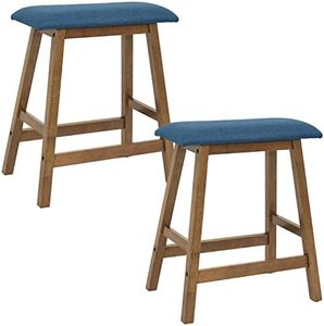 Sunnydaze Rubberwood Backless Counter-Height Stools - Weathered Oak Finish with Blue Cushions - Set of 2