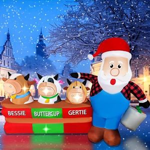 BLOWOUT FUN 5FT Inflatable Christmas Santa Claus with Cows Farm Decoration, LED Lighted Xmas Blow Up Cow for Party Indoor Outdoor Garden Yard Decor