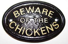 "BEWARE OF THE CHICKENS" GATE/COOP PLAQUE IN BLACK WITH GOLD RAISED LETTERING