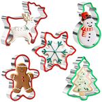 Crethinkaty Christmas Cookie Cutter Set 5 Pieces Stainless Steel Gingerbread Man,Snowflake,Snowman,Christmas Tree and Reindeer Shape with Soft PVC Edge Xmas Cookie Cutters for Baking