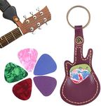 Guitar Pick Holder Leather Keychain - Guitar Picks Holder with 5PCS Guitar Picks Mini Guitar Shape Plectrums Pack Case Keyring for Guitar Lovers Men Women (Coffee)