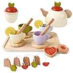 Pillowhale Toddler Tea Set,Wooden Tea Party Set with Teapots Cups Dessert Tray,Pretend Play Kids Kitchen Accessories Food Toys,Kids Tea Sets for Girls,Boys 3 4 5 Years Old