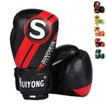 Kids Boxing Gloves, HUINING Training Boxing Gloves for Kids Age 3-12, Cartoon Sparring Training Mitts Junior Punch PU Leather Protective Youth Boxing Gloves (6OZ, Black Red)