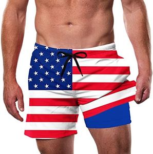Cozople Mens Swim Trunks 4th of July Bathing Suit with Compression Liner Patriotic Swimming Shorts Beach Anti Chafe Swimming Trunk Swimwear White Red Stripe S