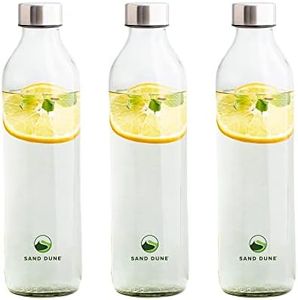 SAND DUNE Set of 3, 800 ml Each Glass Water Bottle with Leak-Proof Airtight Stainless-Steel Lid for Water, Smoothie, Juices - Reusable Travel Glass Drinking Fridge Bottles