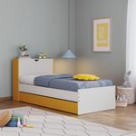 Wakefit Capel Kids Trundle Bed with Headboard Storage | Single Wooden Bed for Kids | Sturdy & Safe Engineered Wood Cot | Frosty White & Toffee Yellow Finish | Space-Saving Design