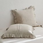 King Linens 100% French Linen Euro Shams with Ruffles - Set of 2 - Washed Solid Color Natural Flax Soft Breathable Pillow Covers - Linen, 26'' x 26''