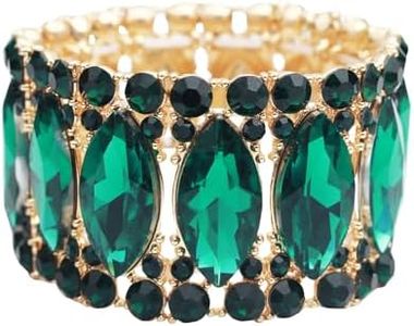 Enrwin Women’s Elegant Wedding Bridal Crystal Double Row Marquise-Shape Leaf Stretch Bangle Bracelet Bride Jewelry for Women (Emerald-Gold Plated, Alloy)