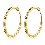 T400 925 Sterling Silver Hoop Earrings Gold Plated Large and Small 2mm Thick Diamond-cut Hoops Gift for Women Girls 20 30 40 50 60 70 mm