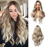Esmee 24 Inches Long Wavy Mixed Silver Grey Synthetic Hair Wigs for Women Ombre Wig with Dark Roots for Daily Party Cosplay Use