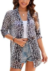 iClosam Women Casual 3/4 Sleeve Sheer Open Front Kimono Dressy Cardigan Summer Leopard Print Tops Beach Cover Ups
