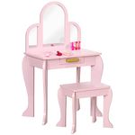 Qaba Kids Dressing Table and Chair Set, Girls Dressing Set, Makeup Desk with Drawer for 3-6 Years Old Kids, Pink