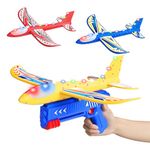 Doloowee Airplane launcher Toy, 3 Foam Airplanes with Catapult Gun, 2 Flight Modes & LED Lights and Stickers, Outdoor Toys for Kids Boys 3 4 5 6 7 8 9 10 Years Old