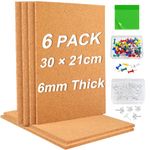 PLULON 6 Pack Cork Boards for Wall 30×21cm Self Adhesive Cork Mat, 6mm Thick Rectangle Cork Board Tiles with 100 Push Pins 50Pcs Sticky Notes for DIY Crafts Wall Decoration