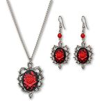 Gothic Red Rose Cameo Surrounded by Thorns Pendant Necklace Dangle Earrings Jewelry Set, Metal